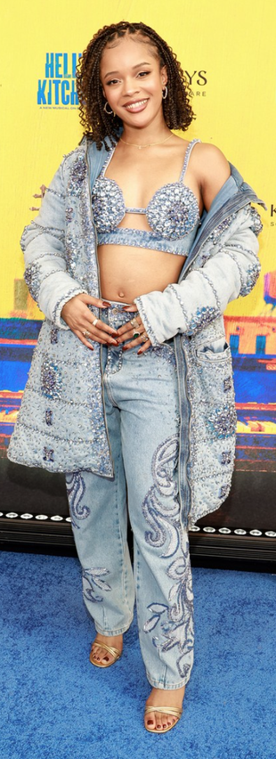 crystal top, denim coat, and jeans?