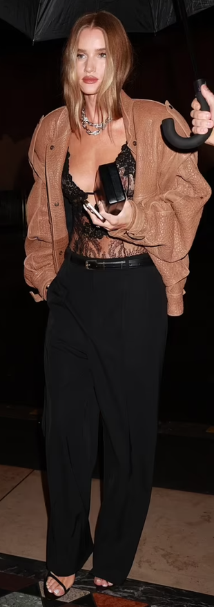 black pants, brown leather jacket, lace top, and sandals?