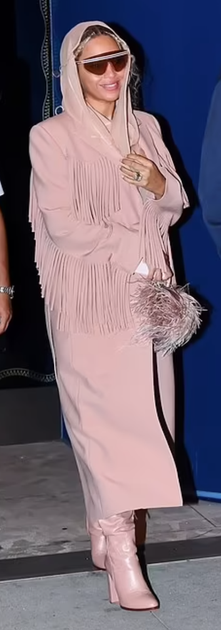 beige fringe coat and sunglasses?