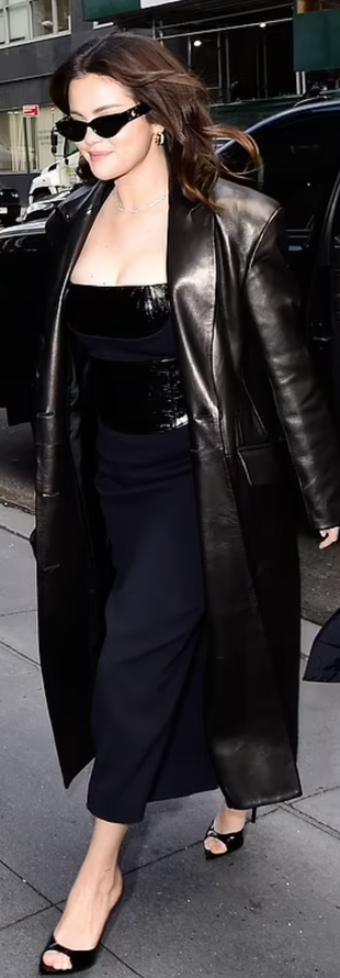 black corset dress, trench leather coat, and sandals?