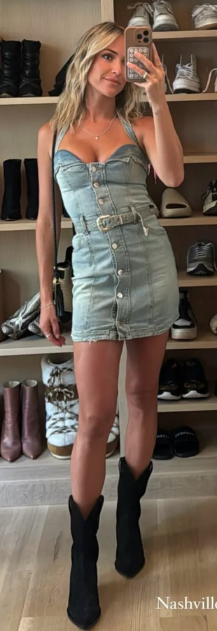 denim strapless dress and cowboy boots?