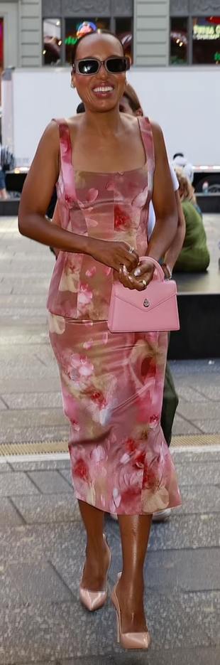 pumps, floral skirt, and pink top?