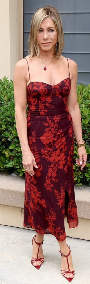 red floral dress and sandals?