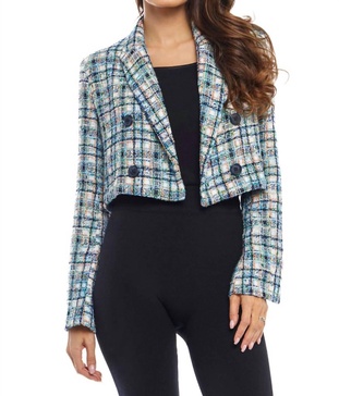 tweed crop double breasted jacket in blue multi