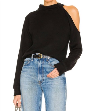 vented shoulder long sleeve mock neck raglan pullover in true black