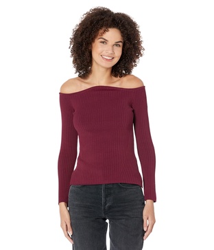 BCBGMAXAZRIA Women's Fitted Ribbed Sweater Off The Shoulder Long Sleeve Sculpted Neck Top