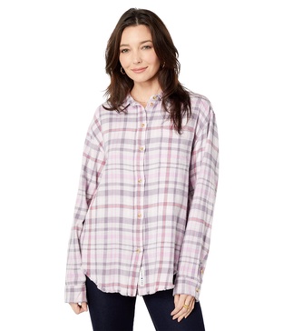 Lucky Brand Women's Long Sleeve Oversized Distressed Plaid Shirt