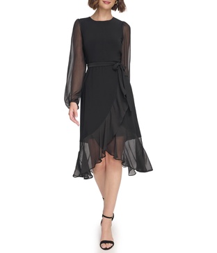 Jersey Midi with Chiffon Sleeve and Ruffle Hem