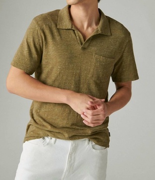 linen short sleeve johnny collar polo in olive