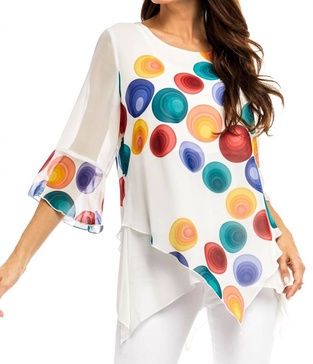 chiffon bright multi colored dot blouse in white