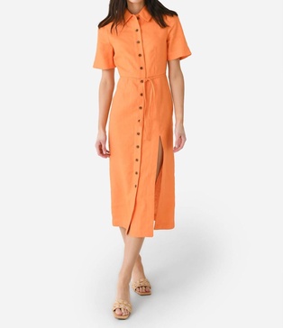 button-up midi shirt dress in orange linen