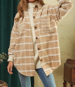 plaid button down shacket in taupe