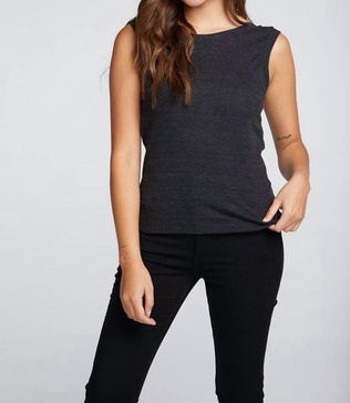 triblend rib shirred back v muscle tank top in black