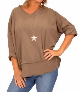 raw edge top in tan