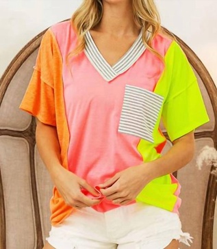 color block v-neck top in coral/pink/n.yell