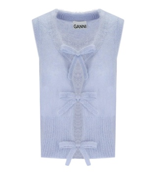 Ganni  Heather Blue Sleeveless Cardigan With Bows