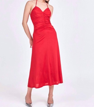 sophie halter ruched maxi dress in rouge