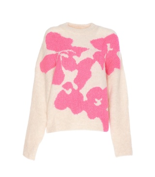 Ecru And Neon Pink Floral Intarsia-knitted Sweater