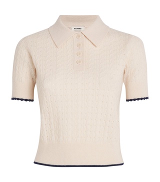 Wool-Cashmere Eyelet Polo Top