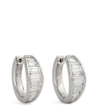 White Gold and Diamond Graduated Baguette Huggie Hoop Earrings 