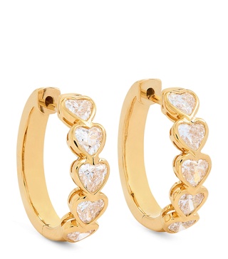 Medium Yellow Gold and Diamond Heart Hoop Earrings