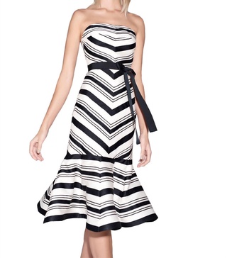 ribbon tie belt strapless drop waist midi dress in black and white