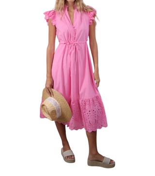 eyelet ruffle midi dress in palm pink