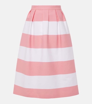 Striped pleated cotton-blend midi skirt