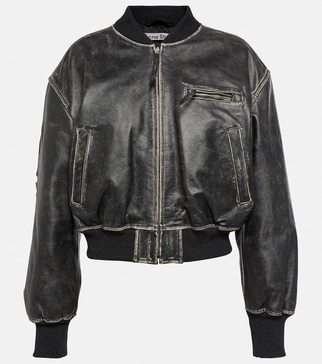 Black Distressed Leather Bomber Jacket