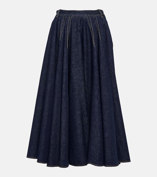 Pleated high-rise denim midi skirt