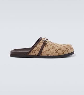 Rhein Horsebit Leather-Trimmed Canvas-Jacquard Mules