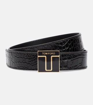 Logo croc-effect patent leather belt