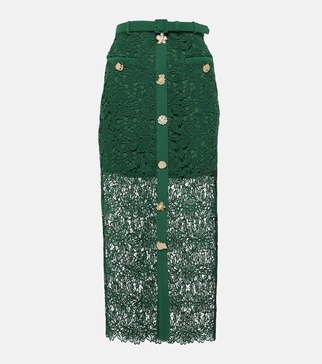 Floral lace-trimmed midi skirt