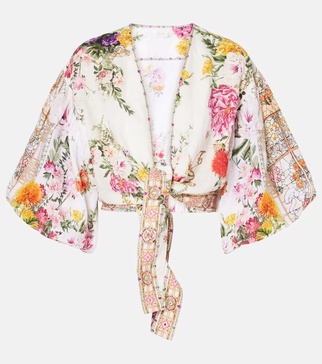 Floral tie-front linen crop top