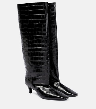 Croc-effect leather knee-high boots