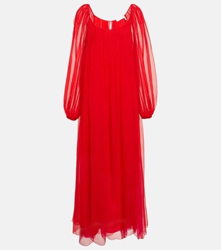 Pleated silk mousseline maxi dress