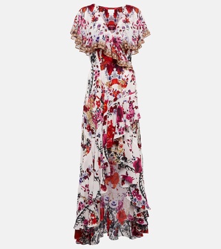 Floral ruffled silk wrap dress