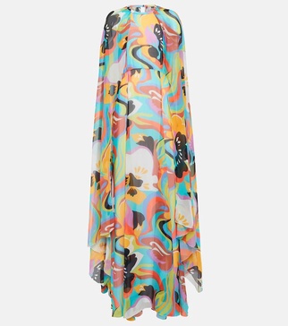 printed cape-effect silk dress