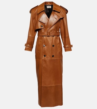 Double-breasted leather trench coat