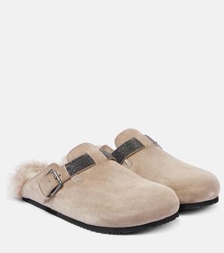 Beaded shearling-lined suede clogs