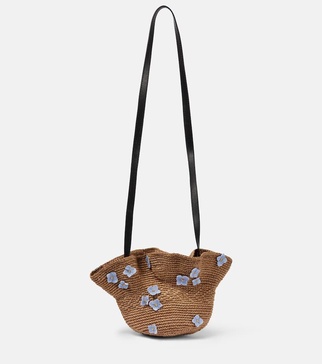 Floral appliqué raffia shoulder bag