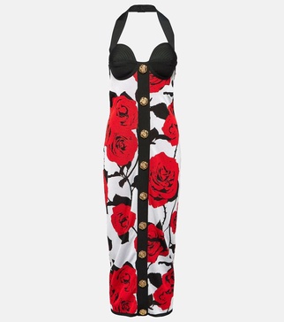 Floral halterneck jacquard midi dress