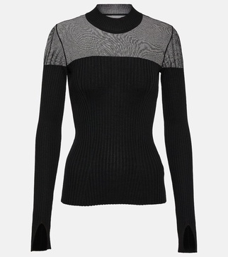 Contoured Ribs mesh-trimmed virgin wool top