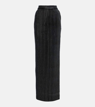 Column embellished pinstripe velvet maxi skirt