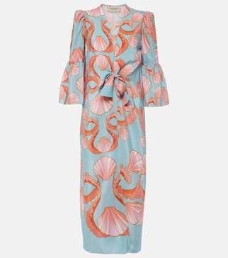 Printed gathered silk midi dress