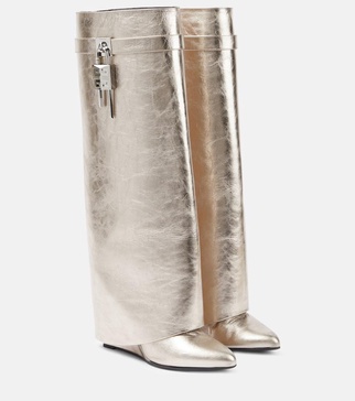 Shark Lock metallic leather knee-high boots