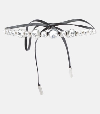 Crystal-embellished leather choker