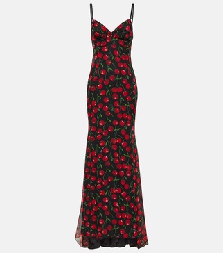 Cherry printed silk chiffon gown