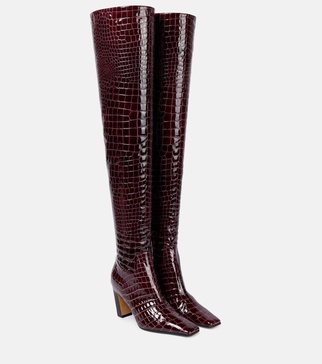 Snake-effect leather knee-high boots