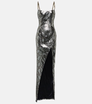 Chain-detail snake-print gown